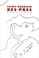carton d'invitation de l'exposition 'Saint-Germain-des-Prés, 1945-1950', illustré d'un dessin extrait de 'Nappemonde' de Paul Éluard, Droits Réservés